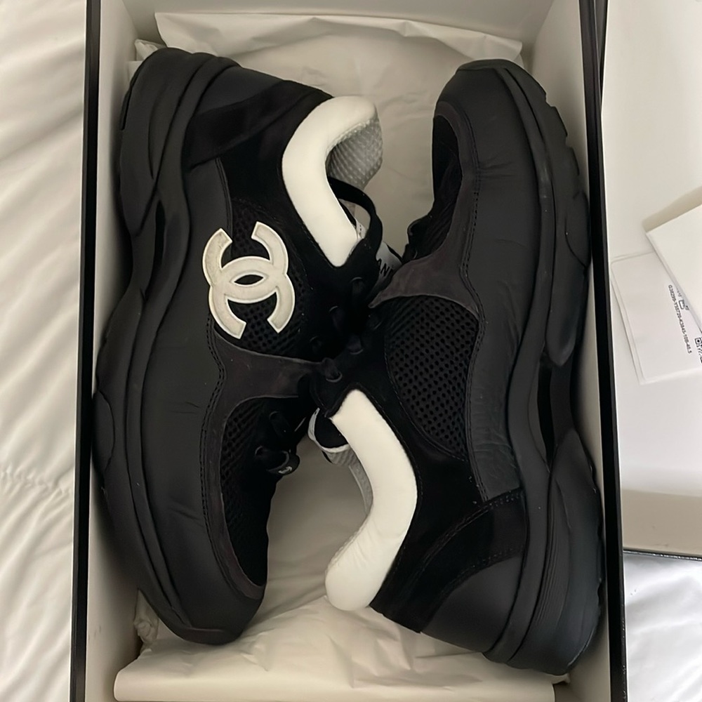 Black and white Chanel gym shoes